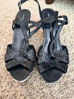 Pons Quintana Black Braided Wedge Sandals